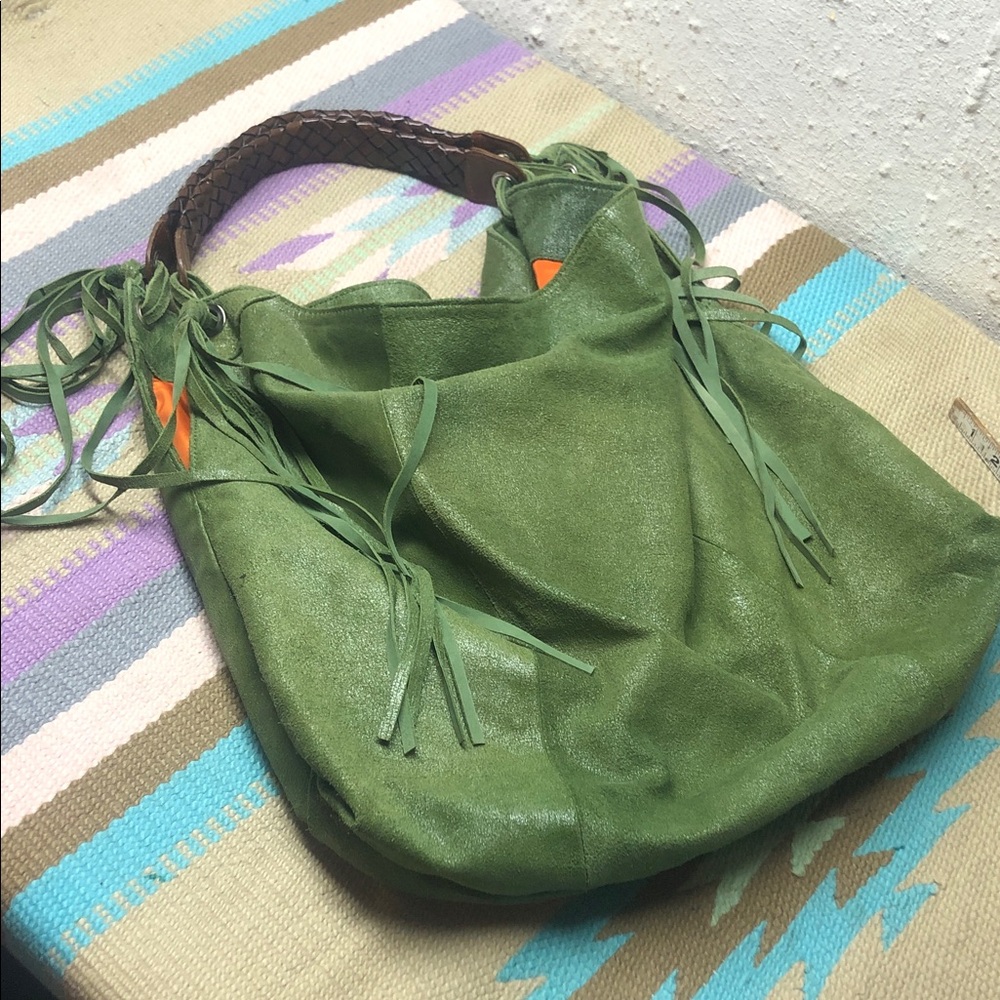 Tano Olive Green Suede Fringe Hobo Bag with Leather Handles 💚🧡